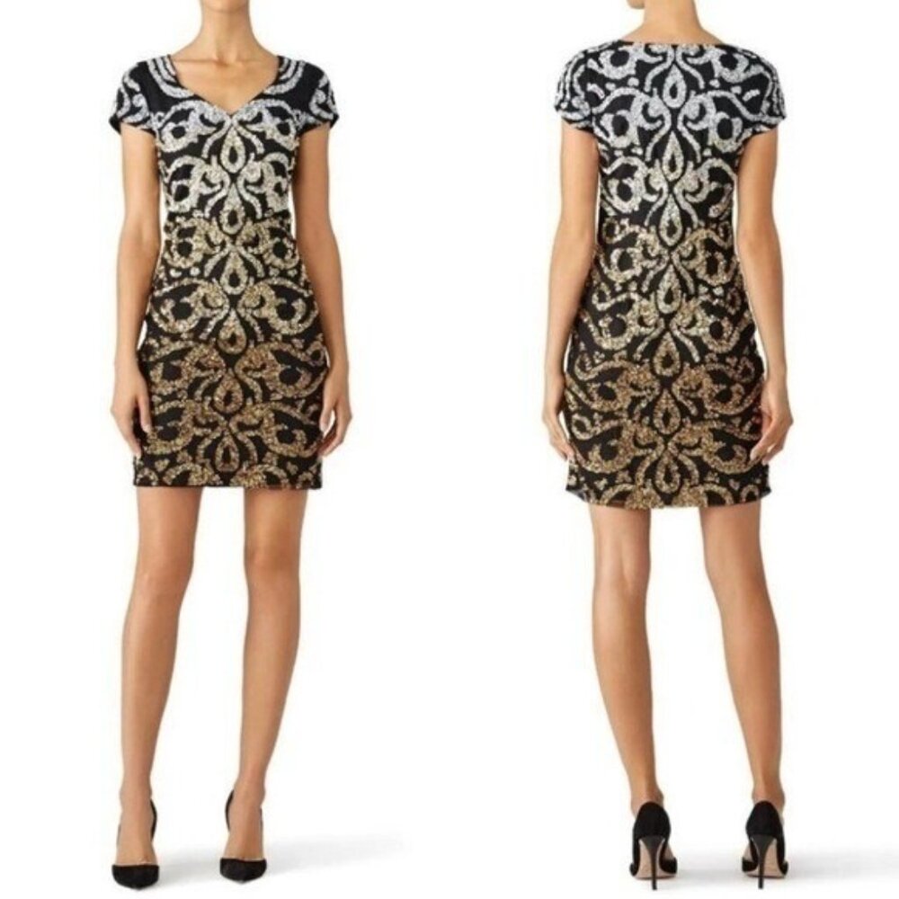 Vie La V Nile Metallic Mini Black Silver Gold Sequin Dress  2 Holiday Party